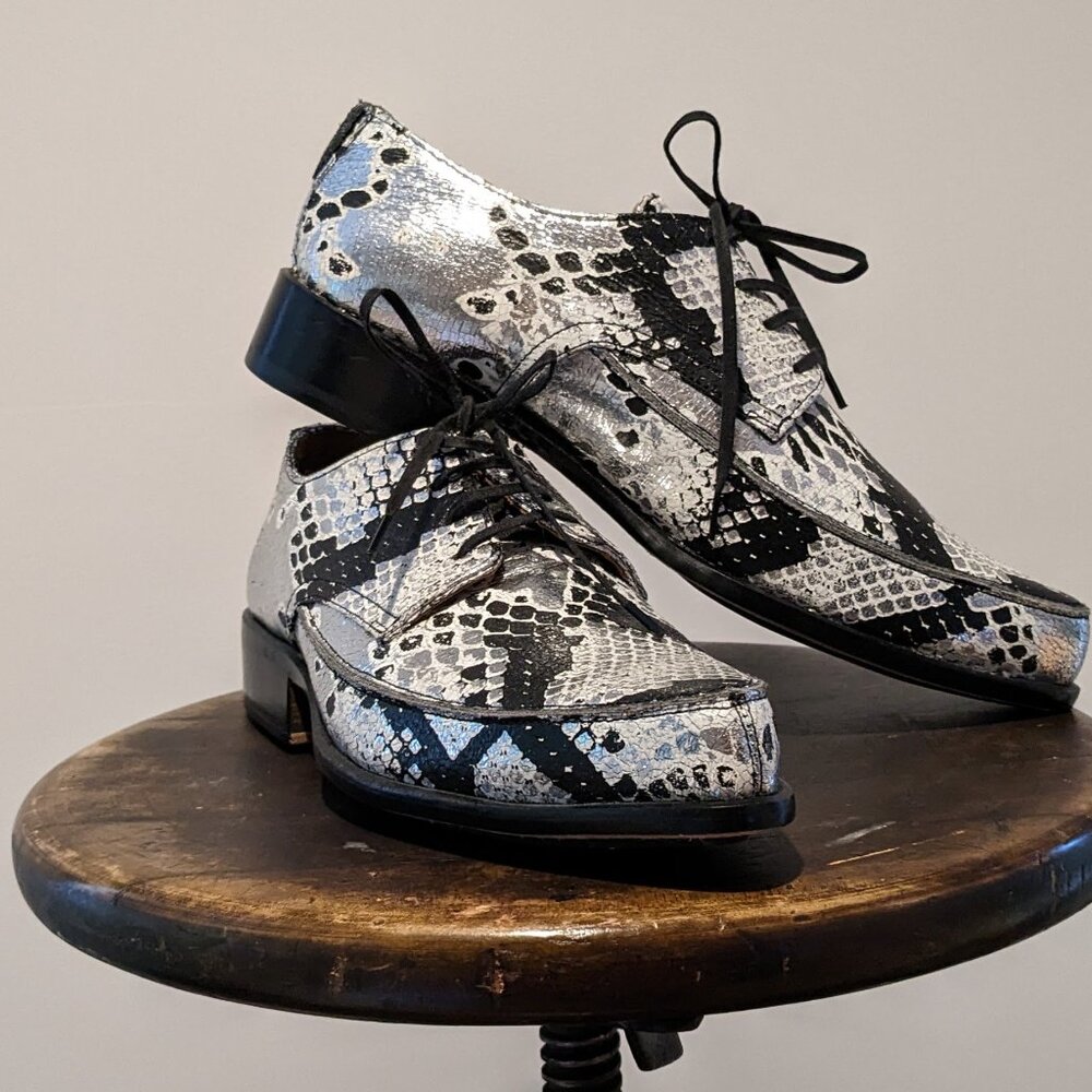 John Fluevog Silver and Black Snakeskin Shoes